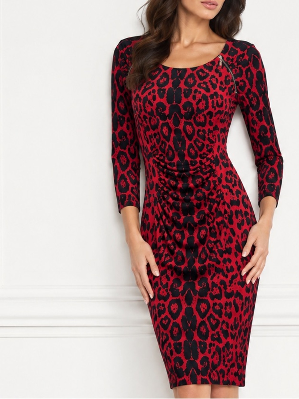 Frank Lyman Design Red and Black Leopard Print Stretch Knit Sheath Dress Sz 10
